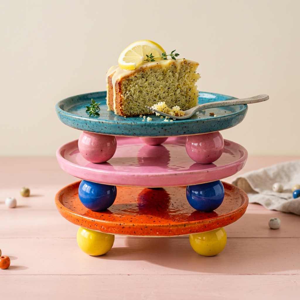 Stack of teal, pink and orange cake-stand plates on yellow, blue and pink ball feet, topped with lemon cake