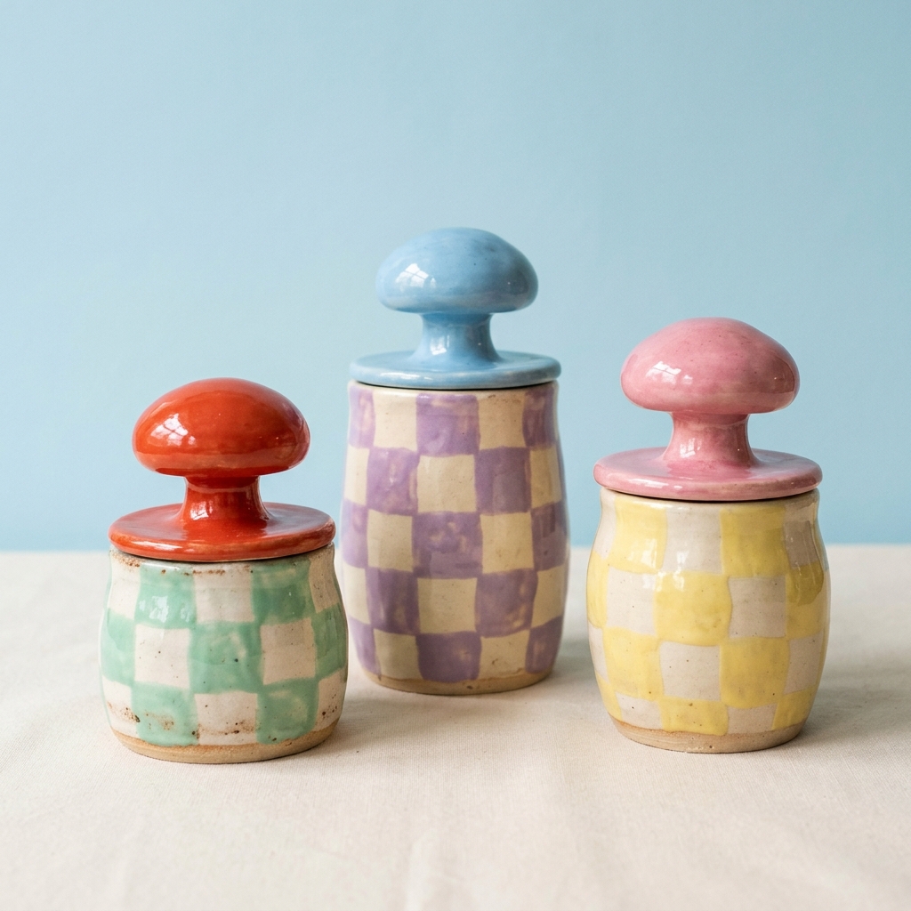 Three checkerboard-painted lidded jars in mint, lilac and yellow with chunky mushroom-shaped lids