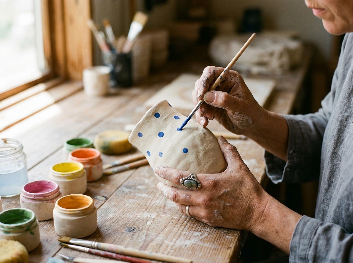 A potter's clay-smudged hands painting blue polka dots onto an unglazed wobbly vase, surrounded by pots of bright glaze