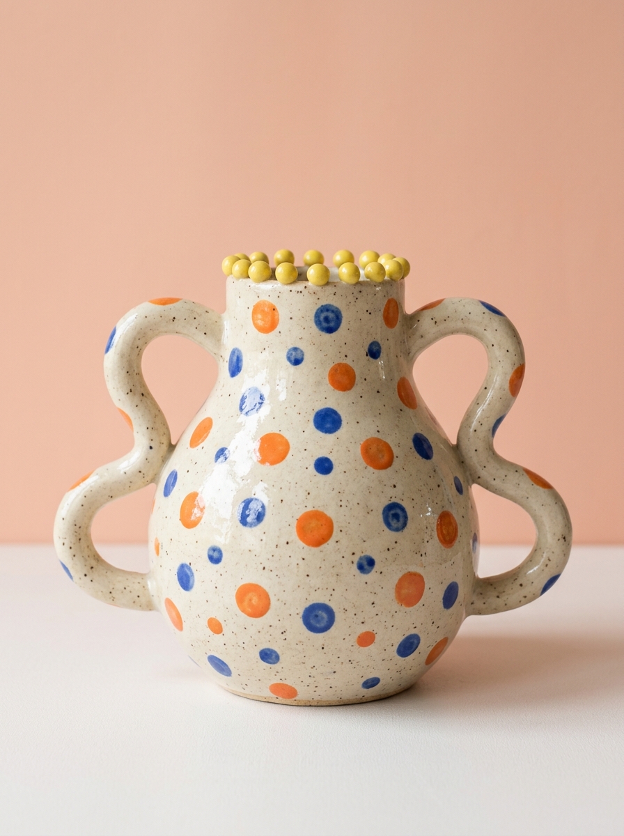 A speckled cream stoneware vase with wiggly loop handles, hand-painted orange and cobalt polka dots and a crown of yellow clay bobbles, on a peach background
