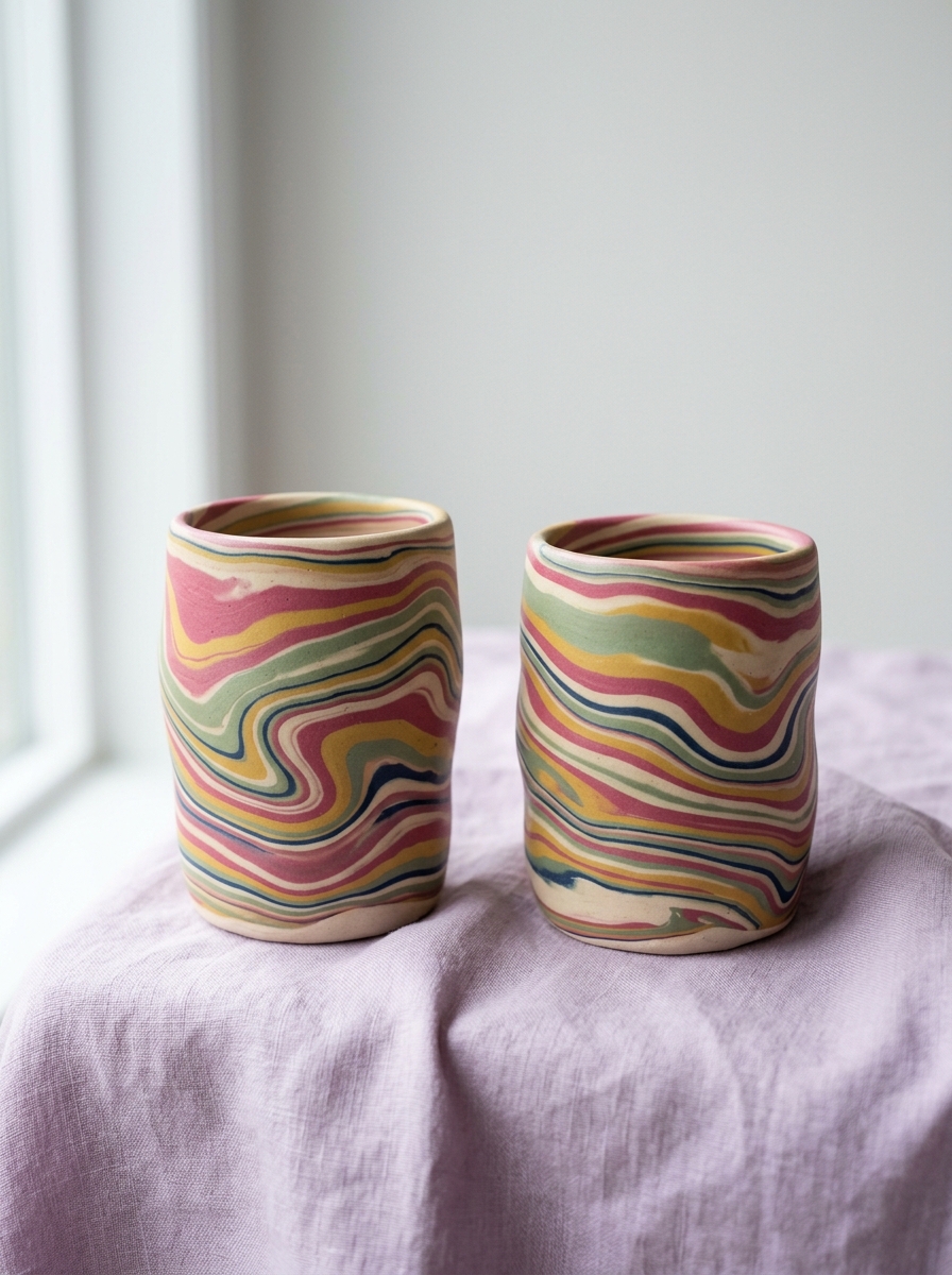 Two marbled agateware tumblers with swirling stripes of pink, mustard, sage and navy clay
