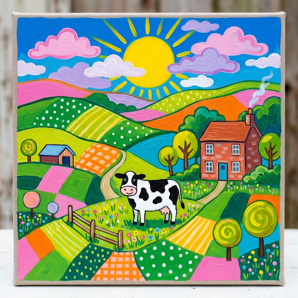 Naive painting of patchwork Cheshire fields with a cow and red-brick farmhouse