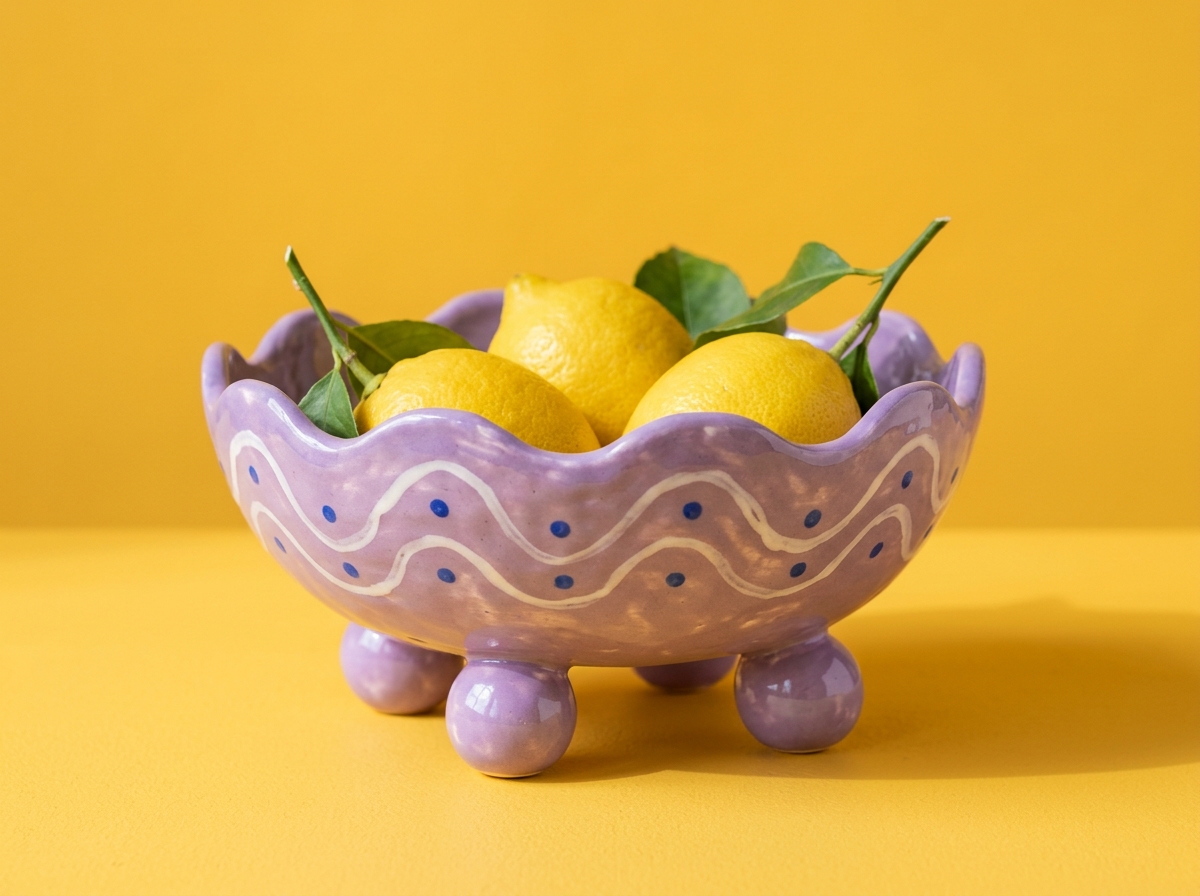 A lilac scalloped fruit bowl on four round bobble feet, painted with white wavy lines and blue dots, filled with lemons