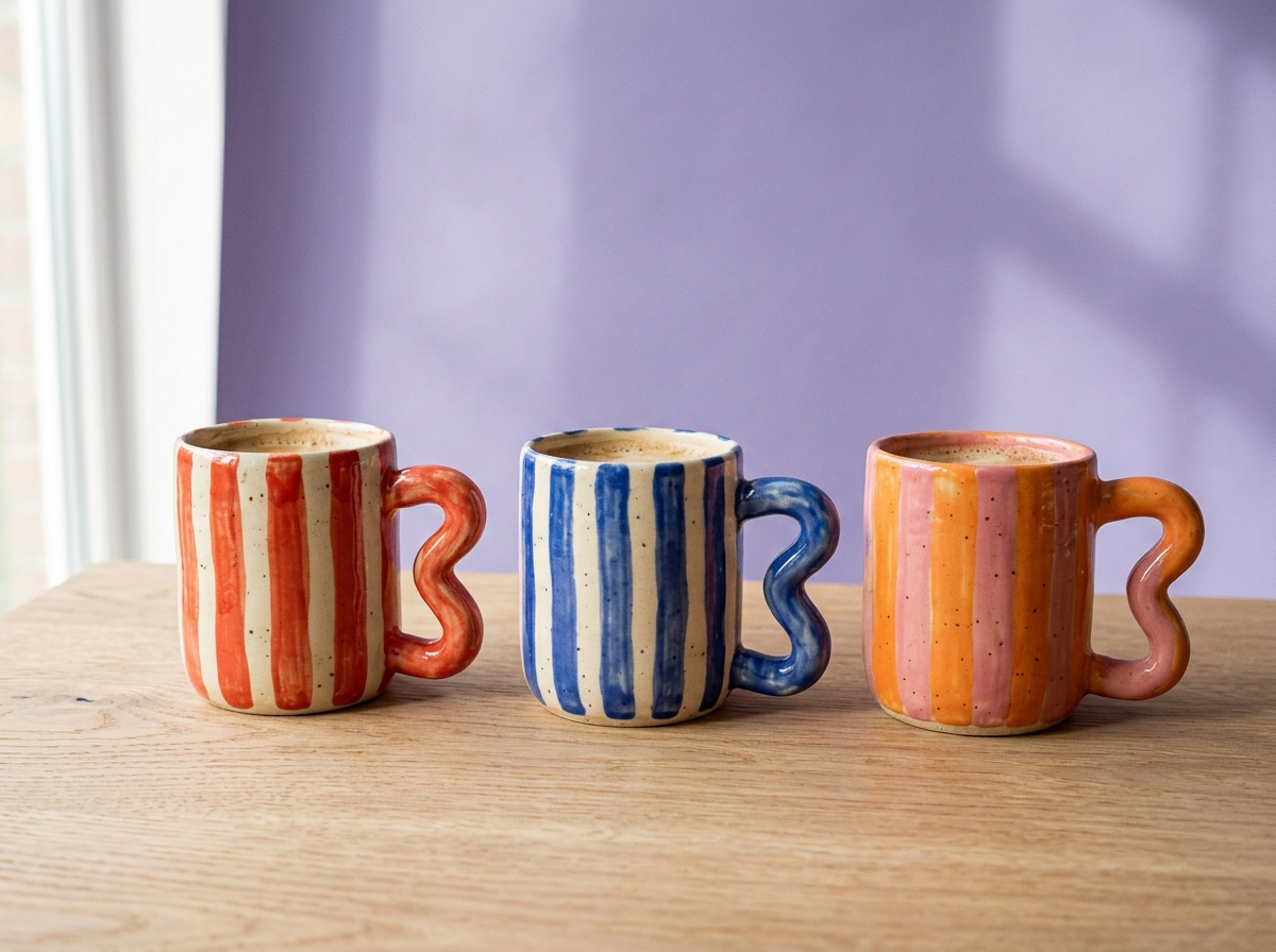 Three hand-painted striped mugs in red, cobalt blue and orange-pink, each with a squiggly wave-shaped handle