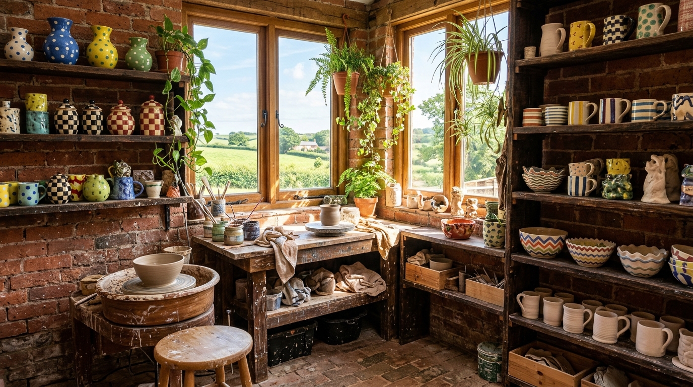 A sunny brick-barn pottery studio with shelves of colourful ceramics, a potter's wheel and windows onto green fields